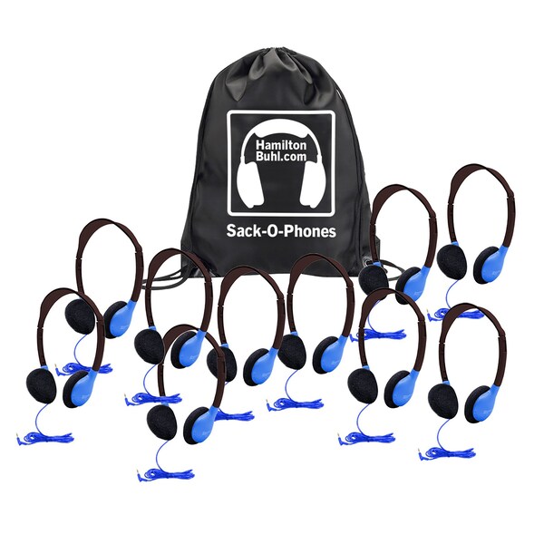 Hamiltonbuhl Sack-O-Phones, 10 Personal Headphones in a Carry Bag, Blue, 10PK SOP-HA2BLU - main